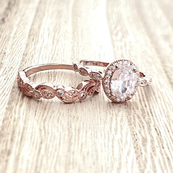 Oval White Sapphire Halo Ring w/ Leaf-Vine Band. 14K Rose Gold. - Picture 1 of 5